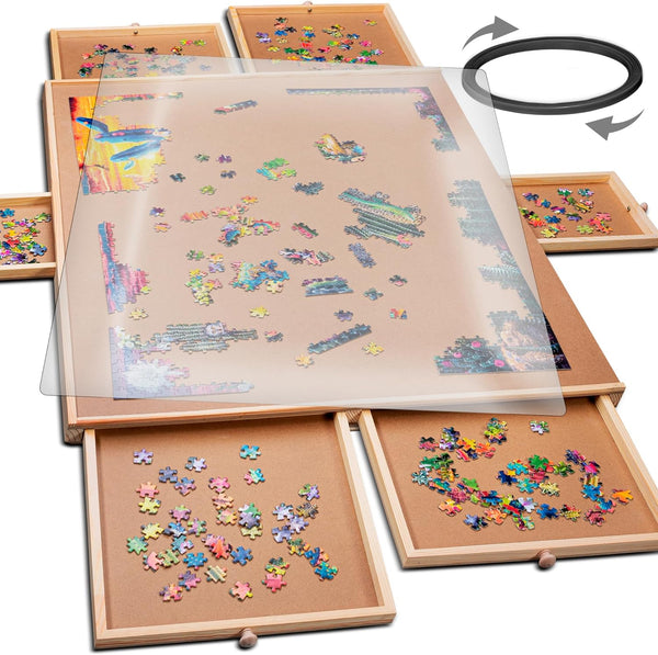Rotating Puzzle Board - 1500 Pieces, 26 X 35 in - 6-Drawer Storage System & Puzzle Table with Drawers - 360-Degree Lazy Susan Rotation for Jigsaws, Family Games