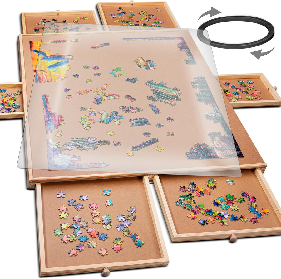 Rotating Puzzle Board - 1500 Pieces, 26 X 35 in - 6-Drawer Storage System & Puzzle Table with Drawers - 360-Degree Lazy Susan Rotation for Jigsaws, Family Games