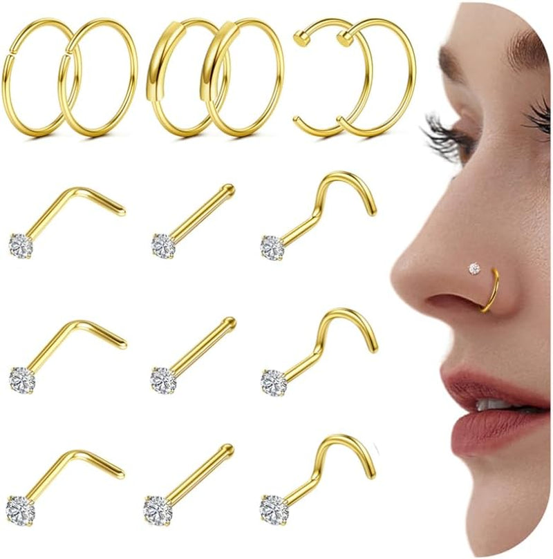 Surgical Steel Nose Rings Studs Gold Nose Studs Hoop Nose Rings for Women Hypoallergenic 18G 20G 22G Noses Ring Stud Nose Piercing Jewelry