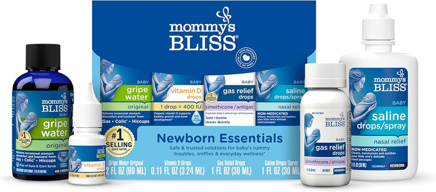 4-Piece Newborn and Baby Essentials Kit - with Gripe Water, Gas Relief Drops, Vitamin D 400IU, and Saline Drops/Spray - the Perfect Baby Gift.