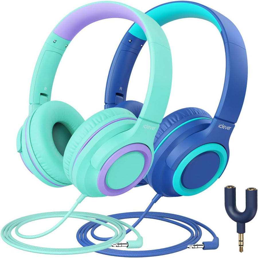 2Pack Kids Headphones with Sharing Splitter - 85Dba Safe Volume Limited - HS22 Wired Headphones for Kids Teens, Tangle-Free 3.5Mm Jack Foldable Stereo for School/Tablet/Travel